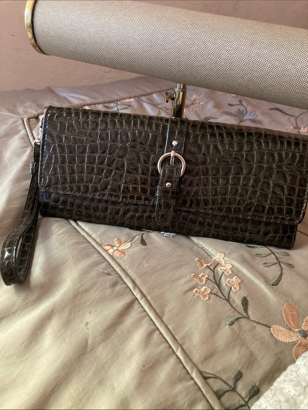 Classic Black Croc-Embossed Leather Wristlet Clutch